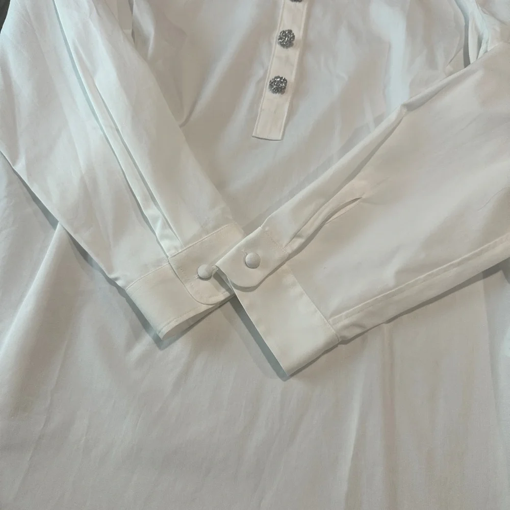 Talbots White Tunic Top Blouse Long Sleeve Jeweled Buttons Size Medium - Picture 5 of 10